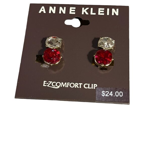 NWT Anne Klein Red Gold Tone Princess Oval Button Siam Crystal Clip Earrings - Picture 2 of 4
